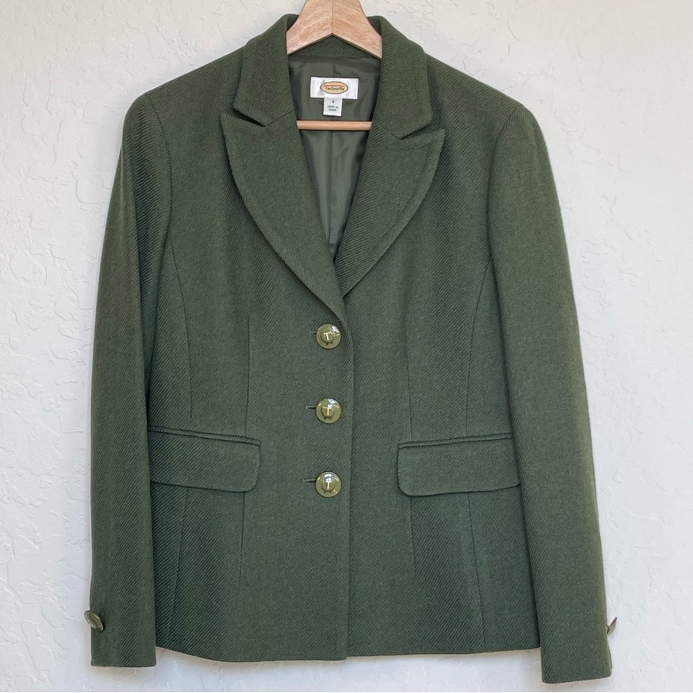 Talbots Wool Blazer Jacket Womens Size 8 Green Tweed Style Gold Button Classic